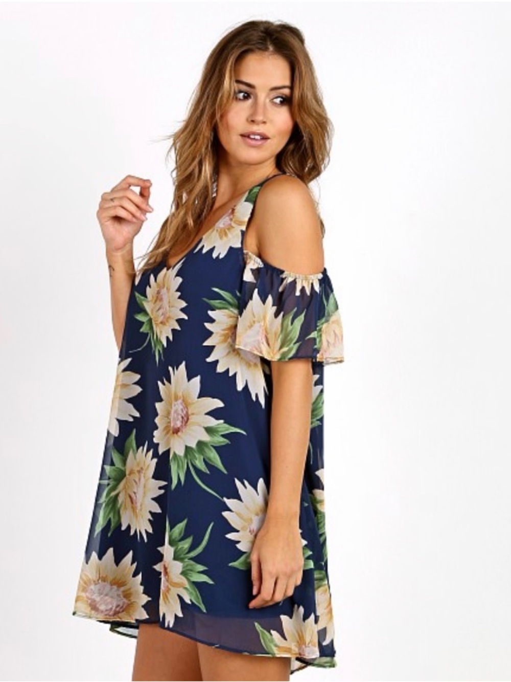 MUMU Navy Cold-Shoulder Sunflower 🌻 Mini Dress 🌻 XS